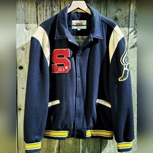 Schott NYC Navy Wool/Leather Snap-Front Varsity Jacket 3XL